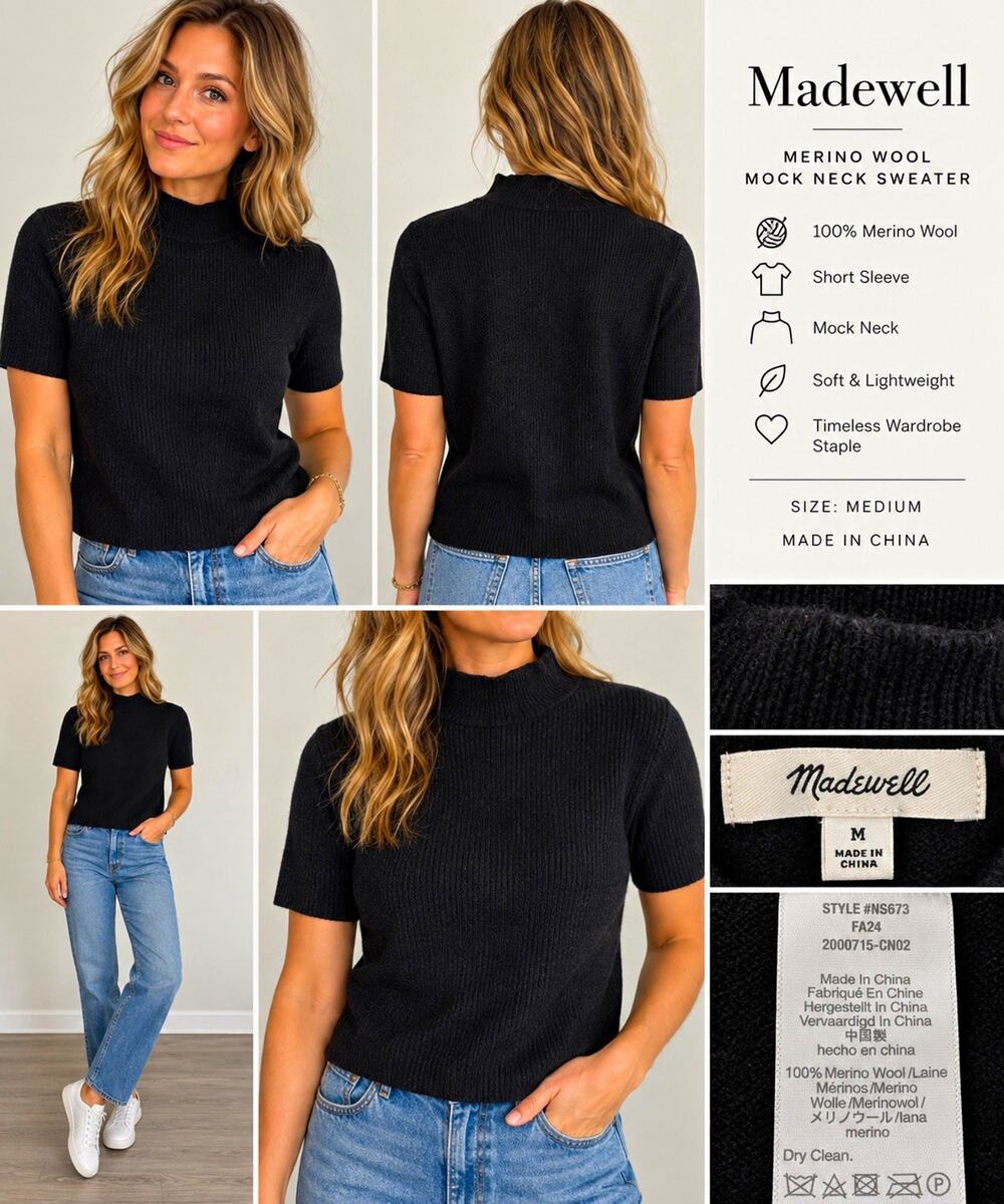 Madewell 100% Merino Wool Black Mock Neck Sweater M Fitted Short Sleeve